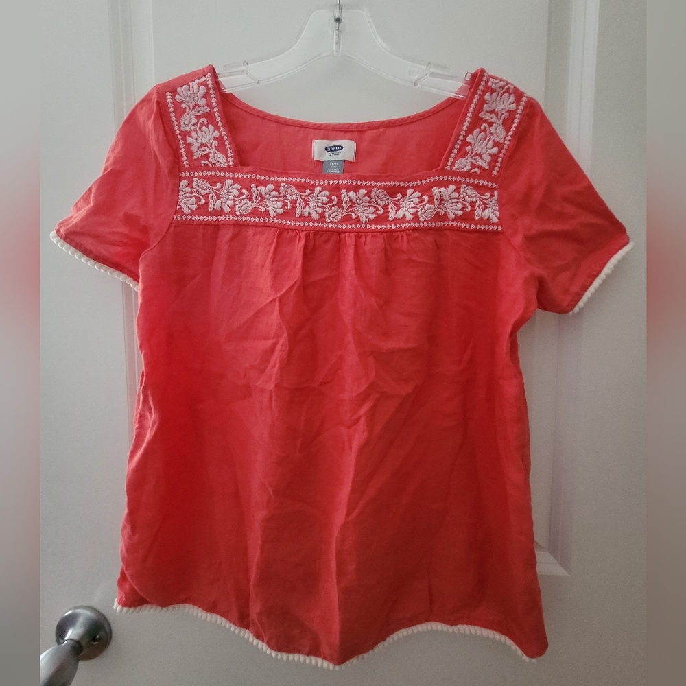 Summer Boho Embroidered Top Coral Blouse Girls XL 14
